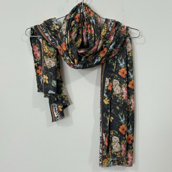 Collection Nineteen Floral Scarf Charcoal Gray Soft Wrap Shawl 22x70 Fringe - Picture 2 of 9